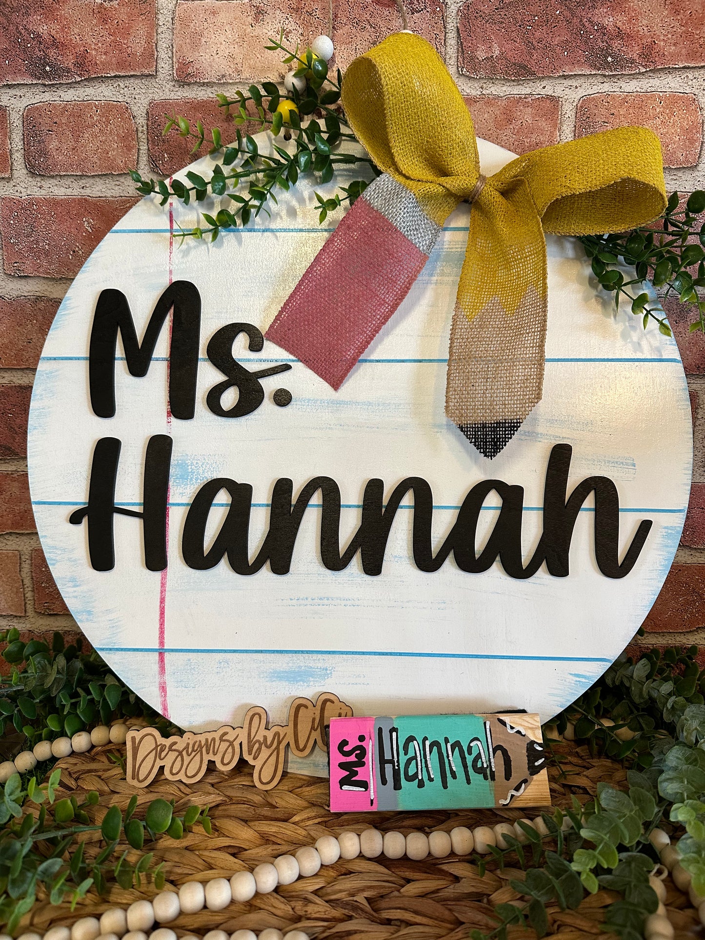 Teacher Door Hanger- Notebook paper design with painted pencil bow