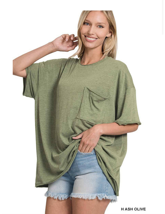 ZENANA TRI BLEND OVERSIZED FRONT POCKET BOYFRIEND TEE