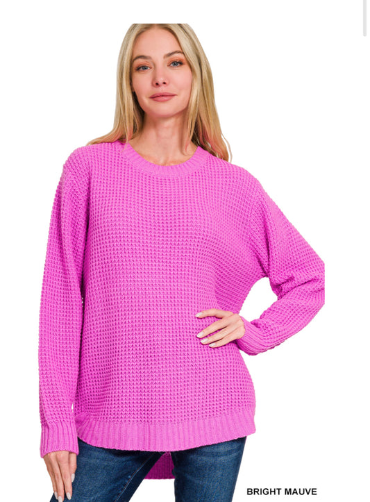ZENANA HI-LOW LONG SLEEVE ROUND NECK WAFFLE SWEATER- Bright Mauve