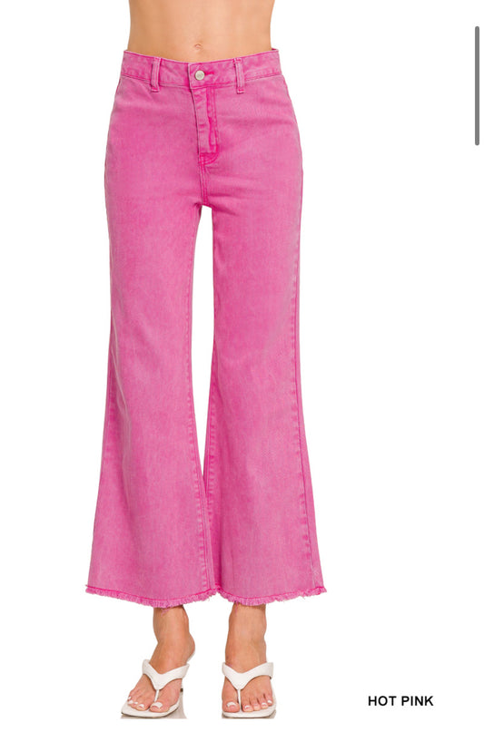 ZENANA ACID WASHED FRAYED CUTOFF HEM STRAIGHT WIDE PANTS