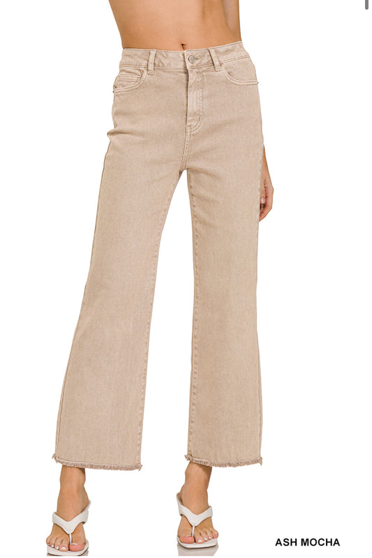 ZENANA ACID WASHED HIGH WAIST FRAYED HEM BOOTCUT PANTS