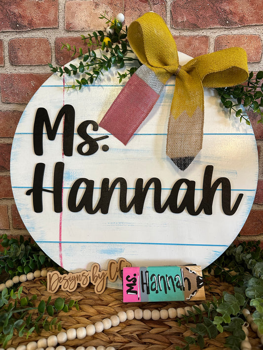 Teacher Door Hanger- Notebook paper design with painted pencil bow