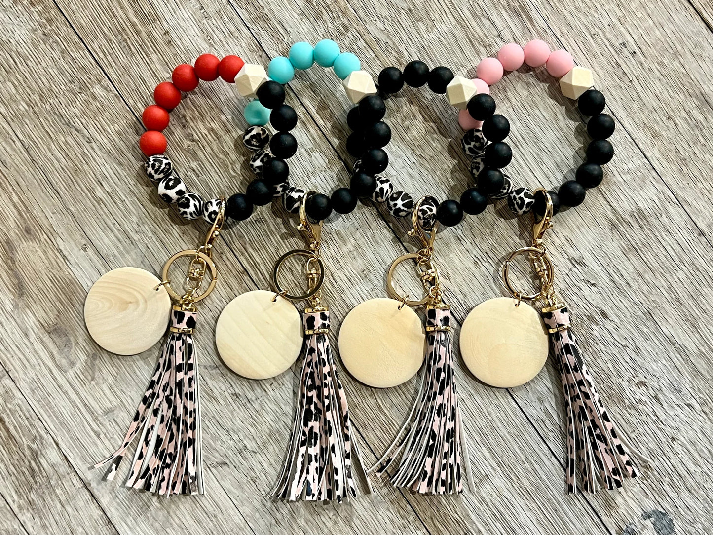 LEOPARD SILICONE BEADS WRISTLET - LEOPARD FAUX LEATHER TASSEL